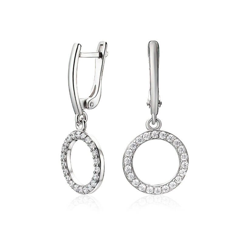 Круглі срібні сережки з камінням та ланцюжком