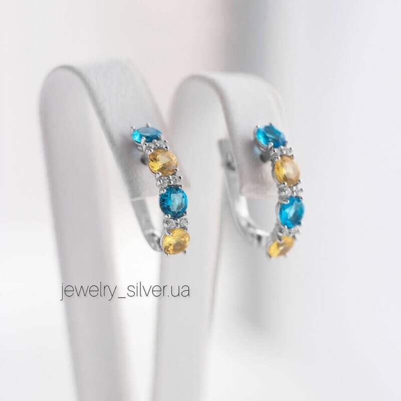 Срібні жовто-блакитні сережки з камінцями