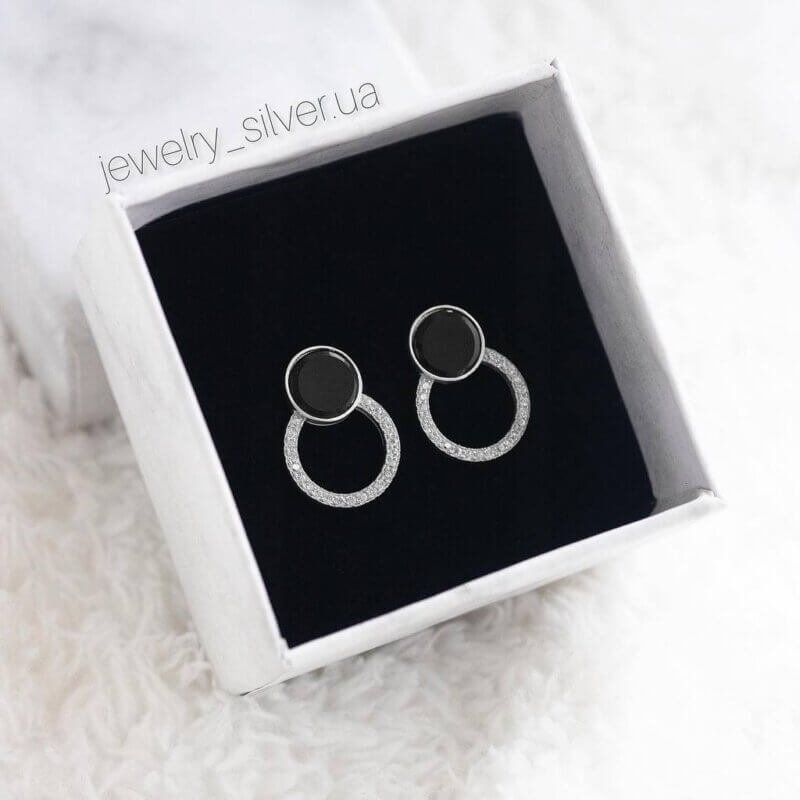 Срібні сережки пусети з оніксом та кубічним цирконієм