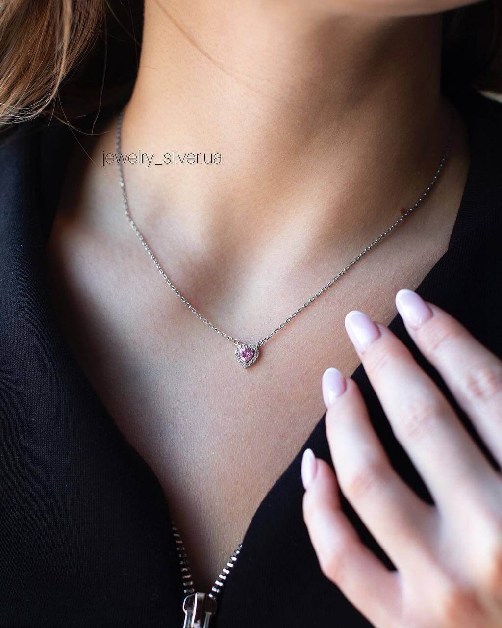 Срібне кольє та кулон «Рожеве серце» - Зображення 2