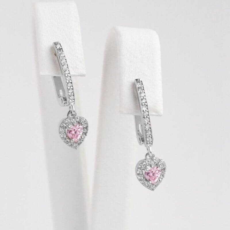 Срібні сережки «Серце» з рожевим і прозорим камінням