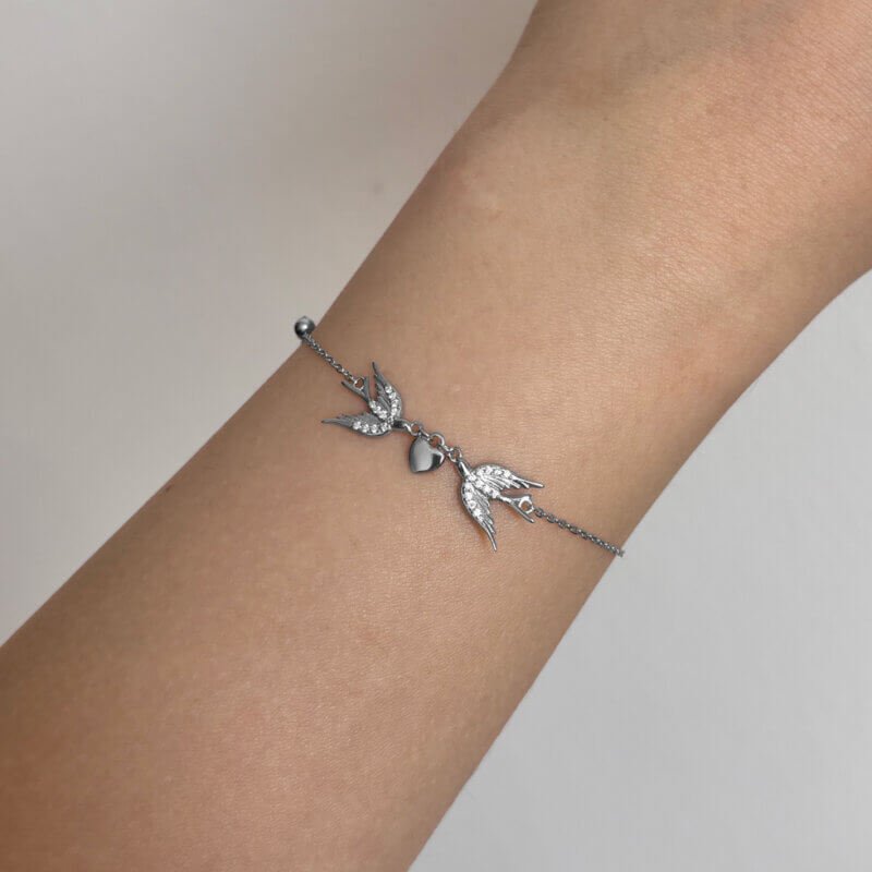 Срібний браслет Ластівки та серце