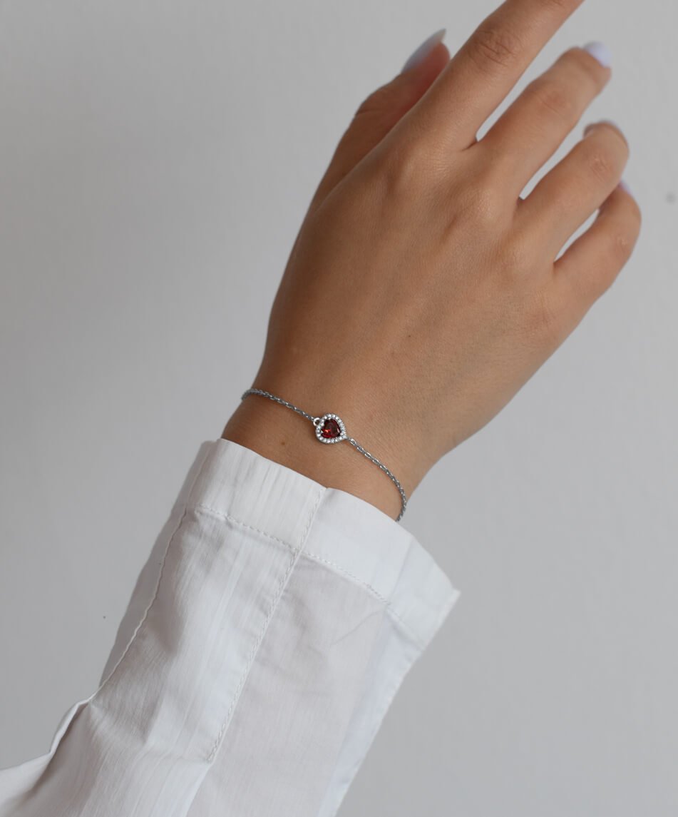 Срібний браслет Серце з червоним камінцем - Зображення 2
