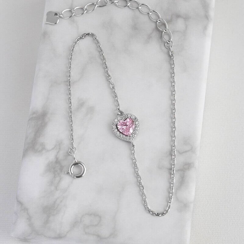 Срібний браслет Серце з рожевим камінцем