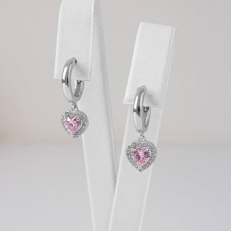Срібні сережки Серця з рожевим камінцем