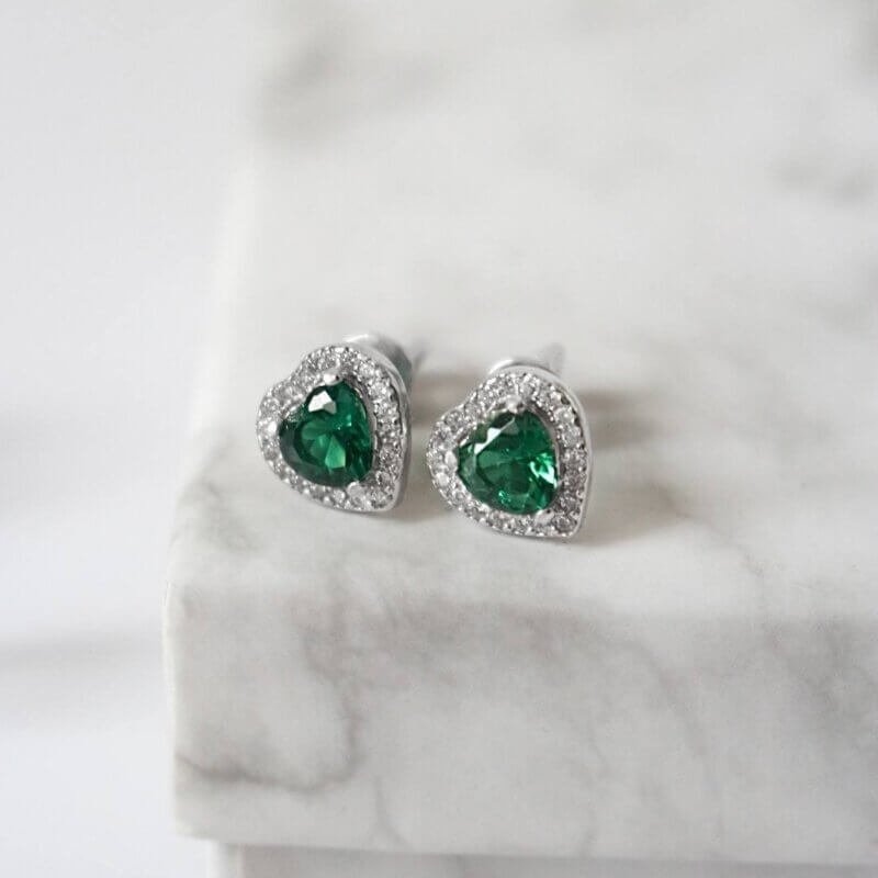 Сережки Серце з зеленим камнем